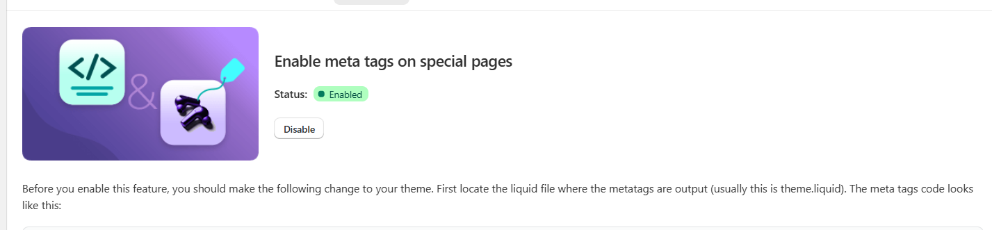 Special-page SEO enabled — Shopify SEO optimisation result