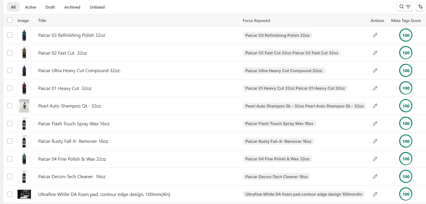 Product metadata scores · 02 — Shopify SEO optimisation result