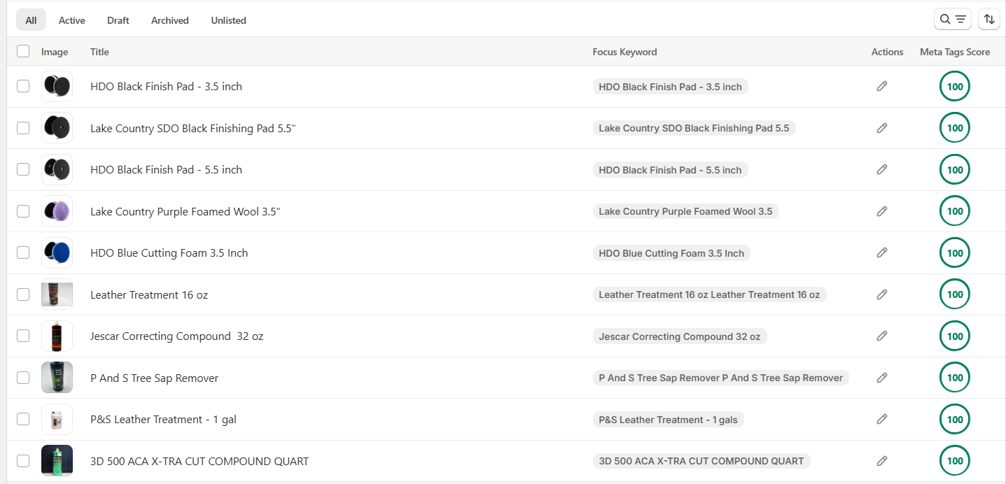 Product metadata scores · 04 — Shopify SEO optimisation result