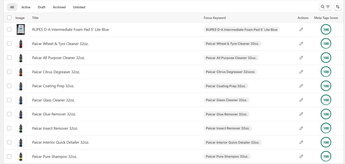 Product metadata scores · 01 — Shopify SEO optimisation result
